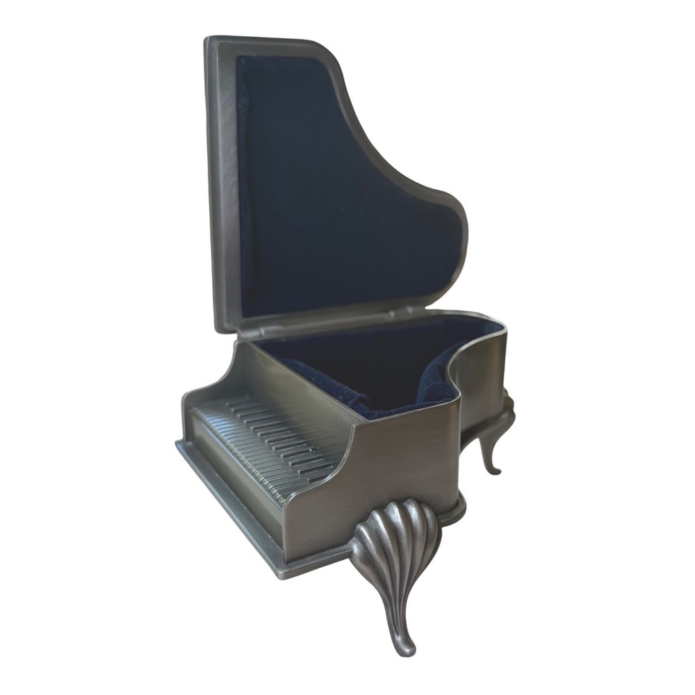 Silver Grand Piano Jewelry Box Navy Velvet Lining Miniature Musical Decor 5in